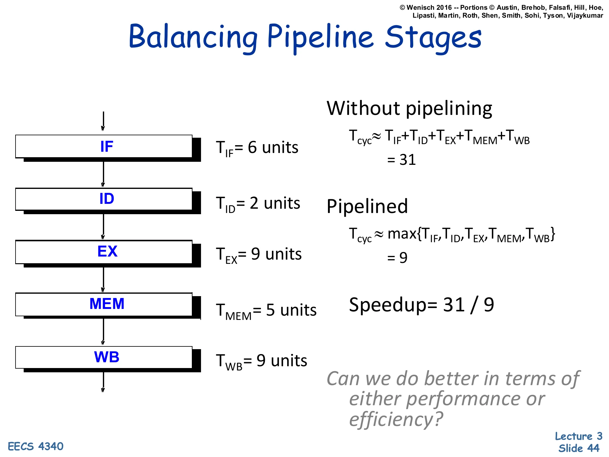 Balancing Pipeline Stages — Speedup analysis (slide 44)