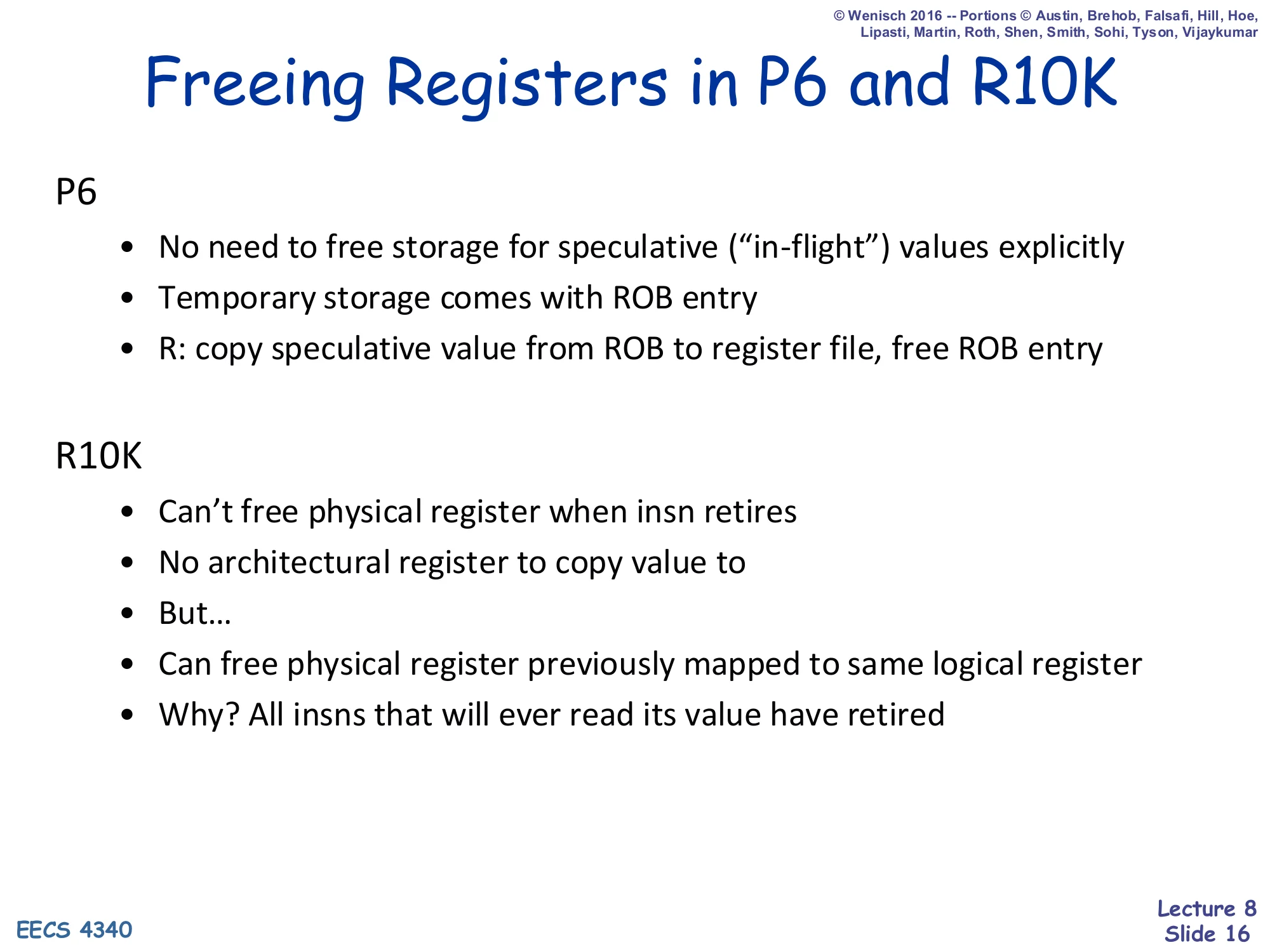 Freeing Registers in P6 and R10K (slide 16)