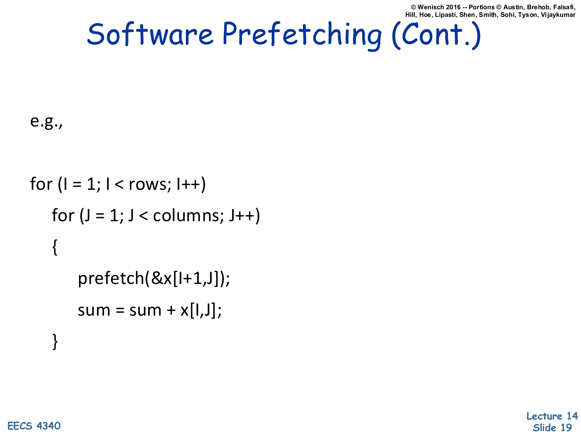 Software Prefetching (Cont.) — Loop Example (slide 19)