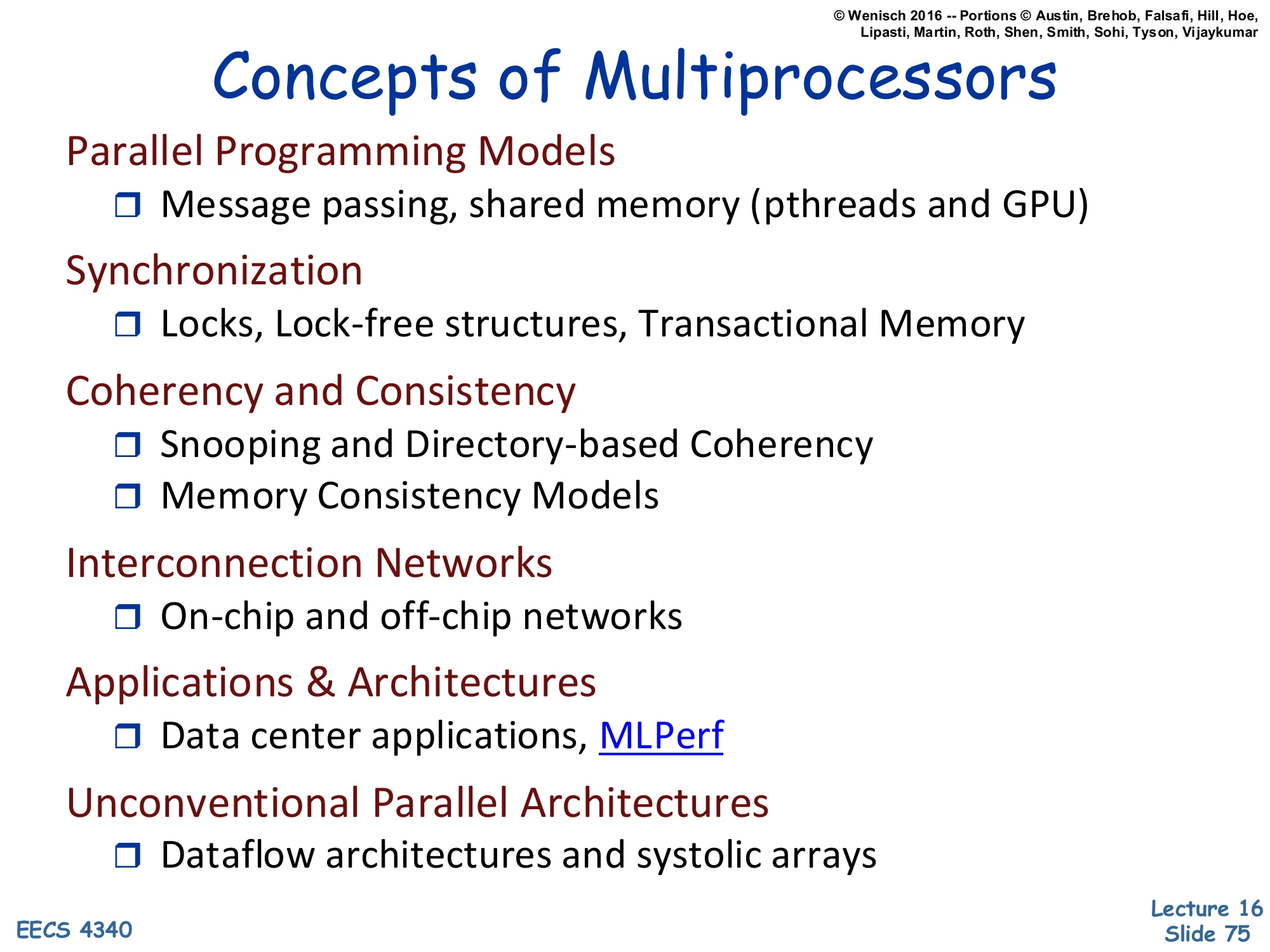 Concepts of Multiprocessors — Recap (slide 75)